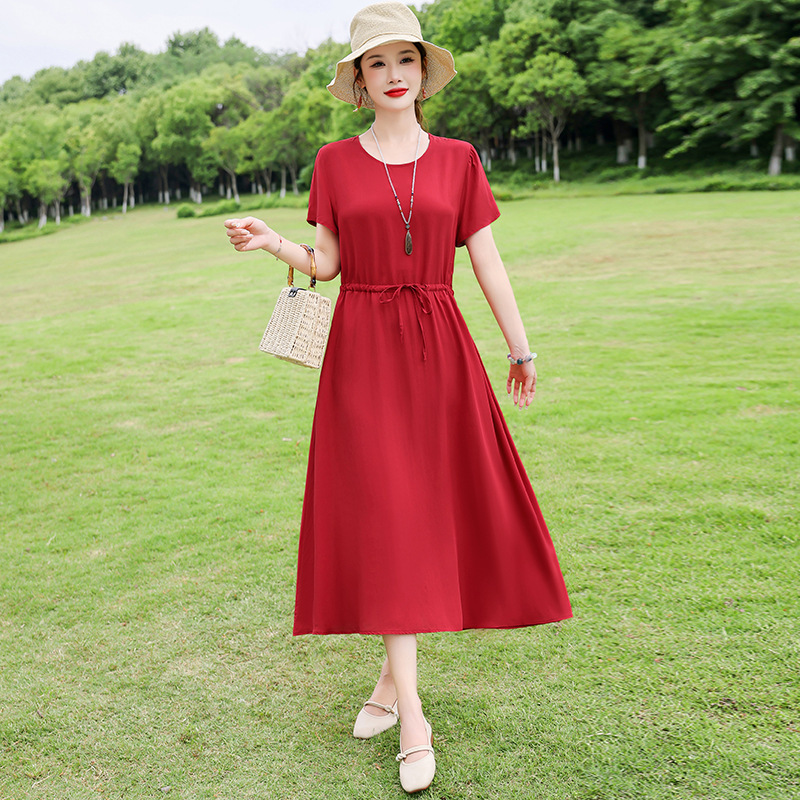 中高年向けの新しい綿シルクドレス、夏の若いスタイル、中年母親の花柄ロングスカート、エレガントなアウターウェア|undefined