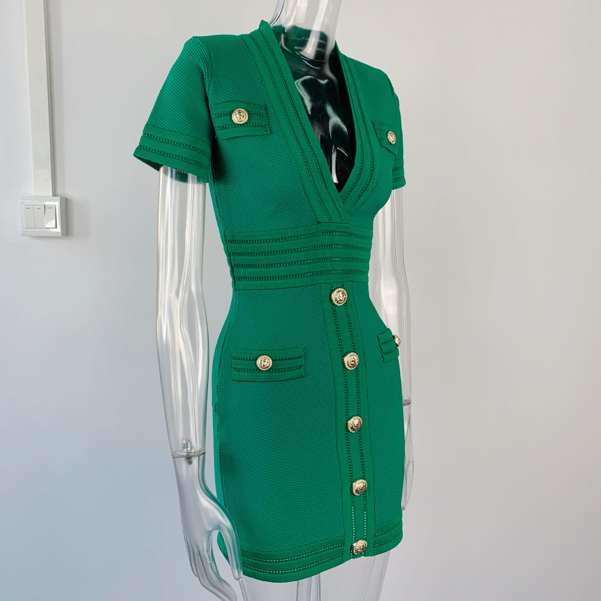 Spring Knitted Short Sleeved V neck Dress Sheath Army Green Black Texture