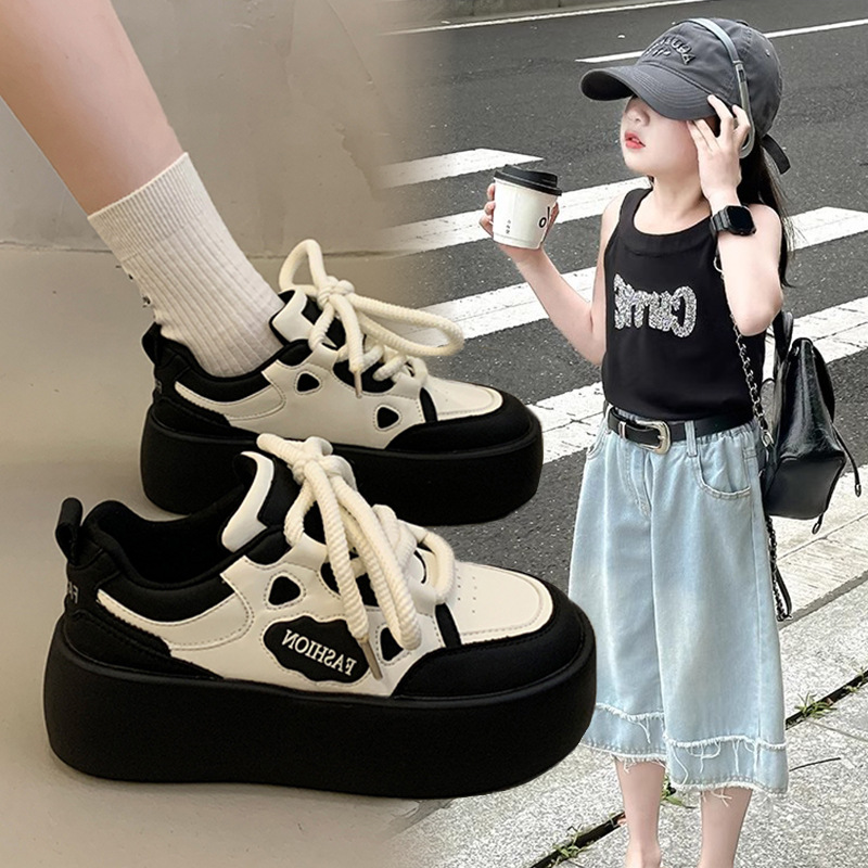 Spring and Autumn New 2025 Girls' Shoes Thick-Soled Sports Shoes for Medium and Large Children Wear-Resistant Anti-Slip Casual Shoes Leather Shoes Trendy