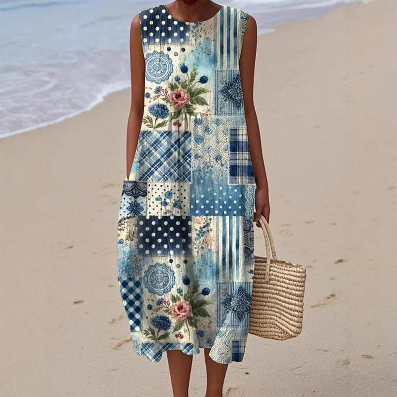 2025 New Pleated Large Version Sleeveless Dress Loose Casual Vacation Shuya Round Neck Print Foreign Trade Aliexpress