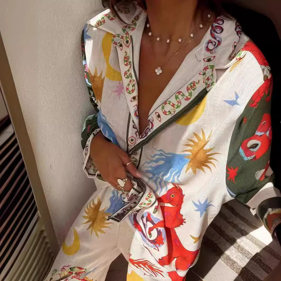 Европа и США 2024 новая независимая станция AliExpress мода персонализированный принт макарон льняная рубашка с длинными рукавами