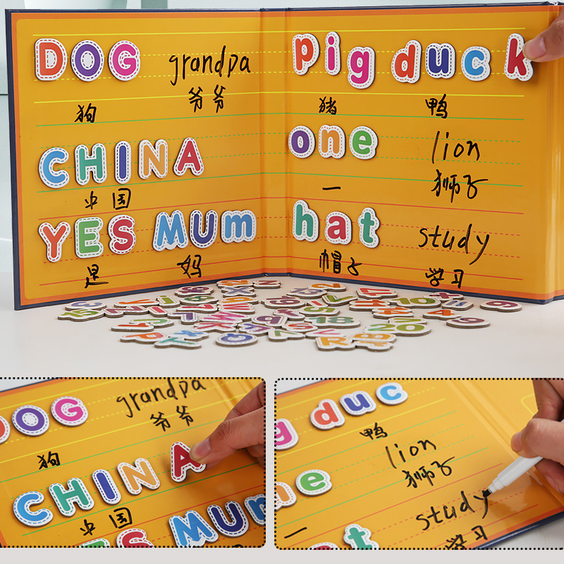 Puzzle de educación temprana para niños transfronterizos, tablero de dibujo con clip de libro avanzado cuatro en uno, pegatinas de alfabeto digital, libro de rompecabezas al por mayor