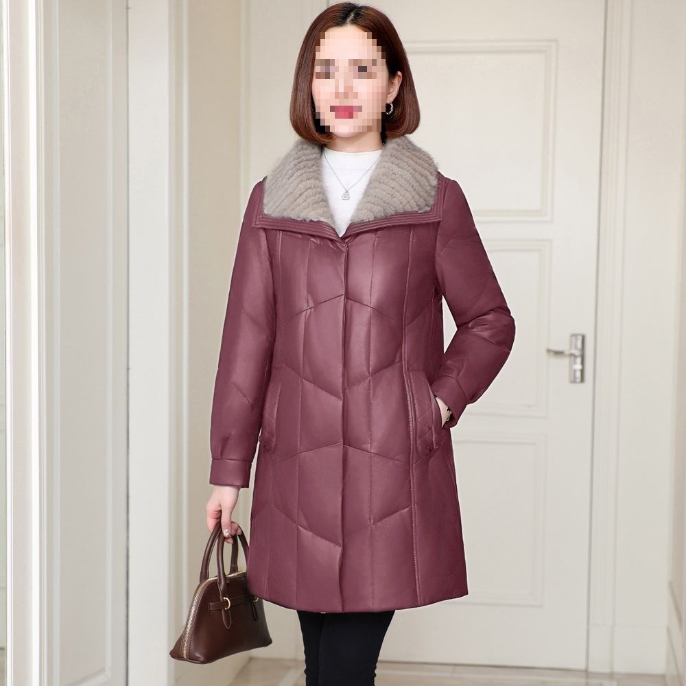 Middle-Aged and Elderly Women's Winter New Sheepskin Mid-Length Fashionable Lapel Large Size Mother's Leather Jacket