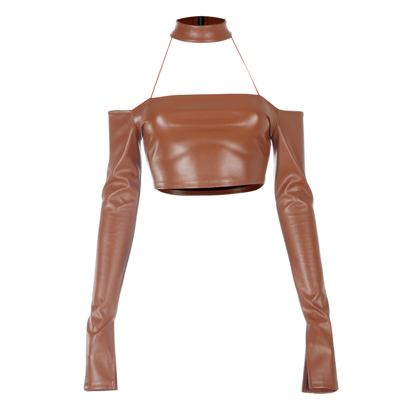 hanging neck slim long-sleeved short solid color PU leather top NSLHC123496