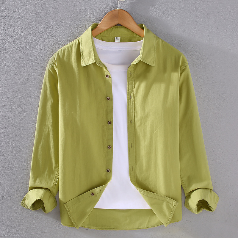 Camicia da uomo bianca versatile primavera ed estate a maniche lunghe sottili giapponesi_voghion.com
