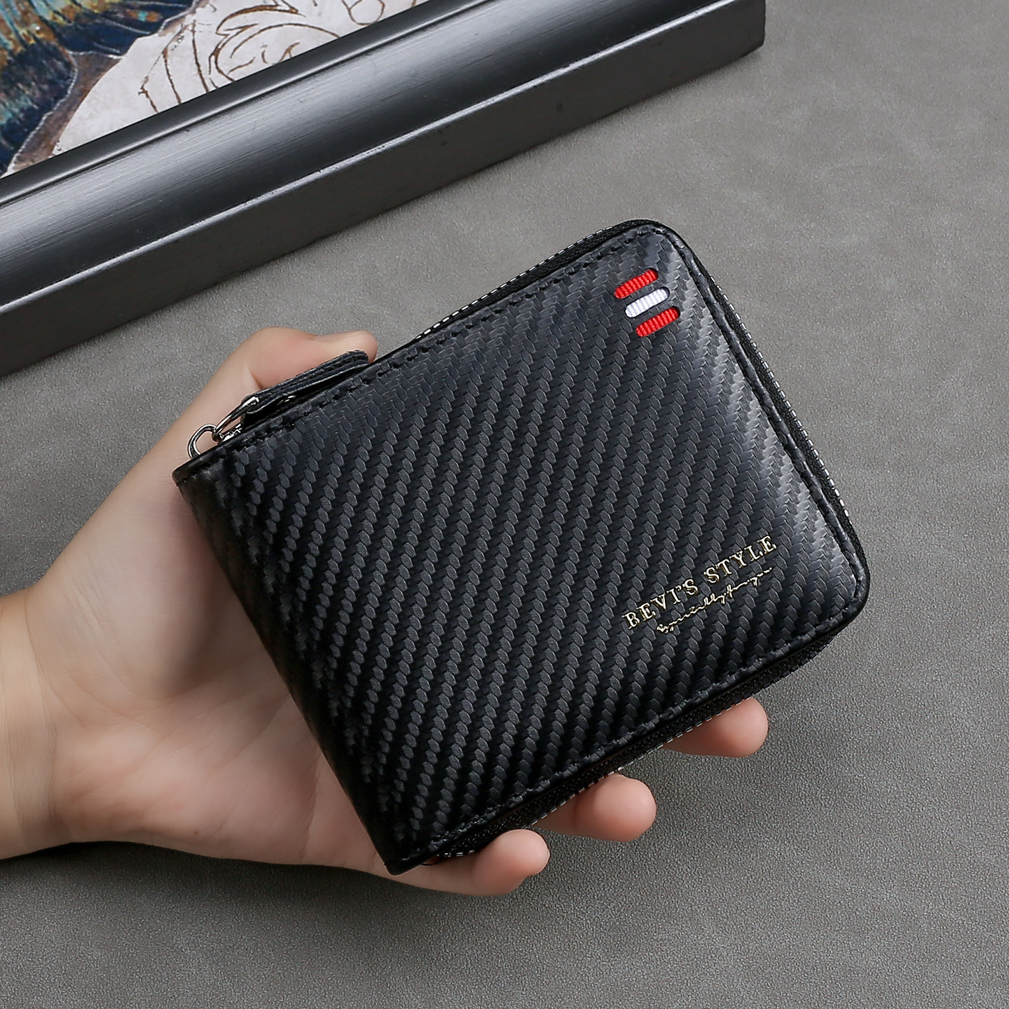 New Cross-Border Retro Zipper Carbon Fiber Large-Capacity Coin Horizontal Casual Short Classic Business Men's Wallet