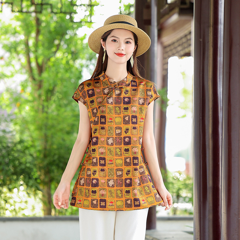 新しい中国風のレトロなボタン付き国民風半袖トップ、母親の服、レトロな薄手のシャツ、義母用のクールなトップ|undefined
