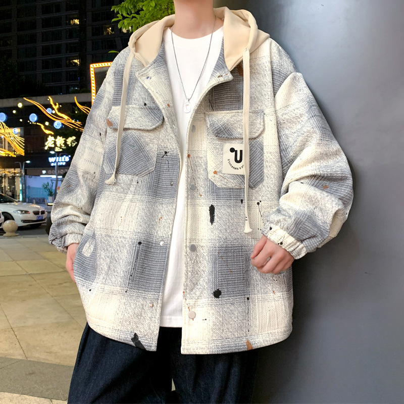 春秋季工装格子外套男潮流宽松大码青少年帅气百搭假两件连帽夹克|undefined