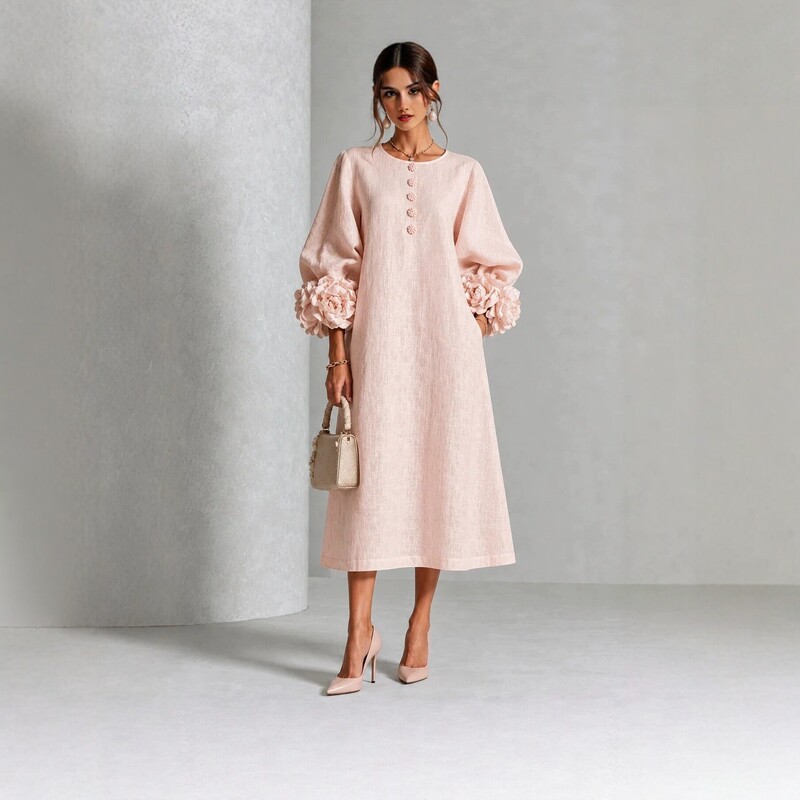 2026 Amazon independent store: French-style, three-dimensional floral lantern-sleeve cotton and linen midi dress