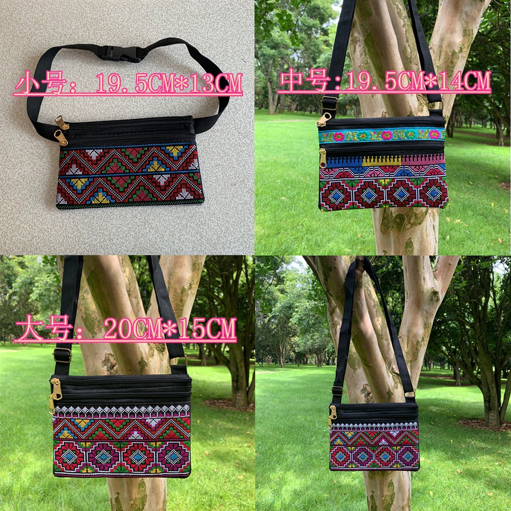 Riñonera bordada étnica de Yunnan con tres cremalleras, diseño artesanal tradicional