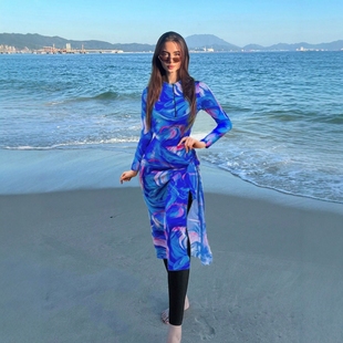 2025 New Middle East Women's Long-sleeved Trousers Split Swimsuit Three-piece Set with Veil Skirt Cross-border AliExpress Swimsuit