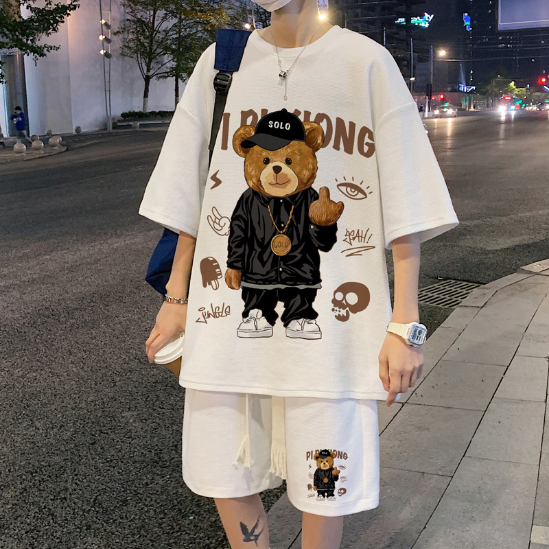 Hip-Hop Bear Waffle Casual Sports Suit Men's Summer Shorts Short-Sleeved T-Shirt Large Size Summer Clothes for Teenagers