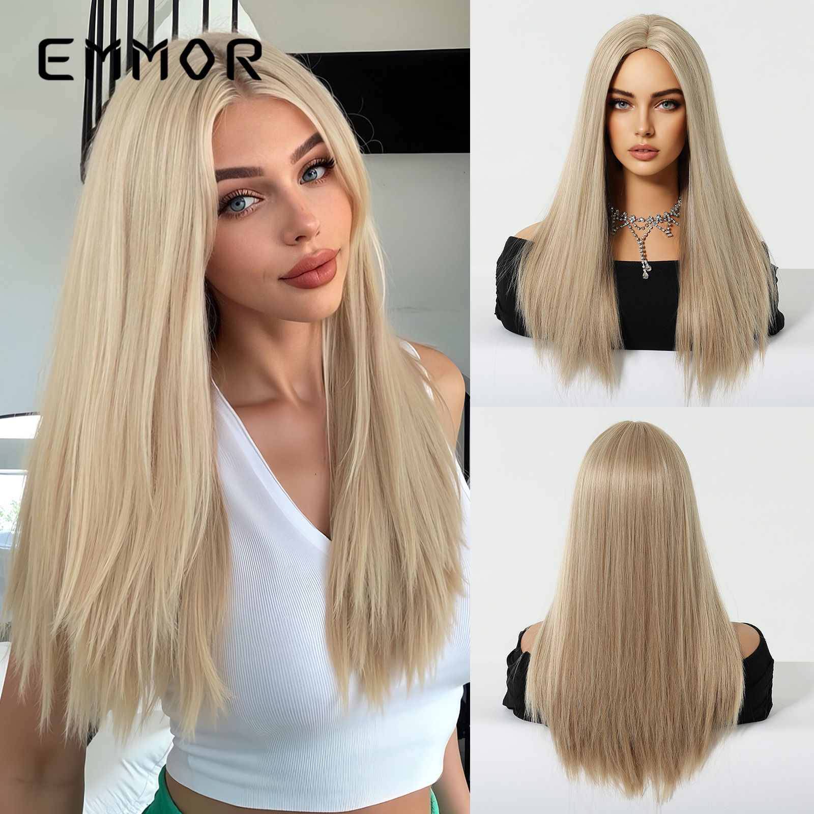 Cabello largo y liso, sin flequillo, marrón dorado, moda natural, venta caliente transfronteriza, pelucas europeas y americanas, cabello completo