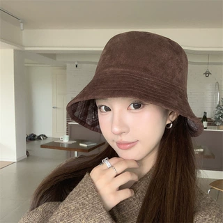 韩版双面戴渔夫帽子女日系简约条纹大头围麂皮绒拼接遮阳盆帽