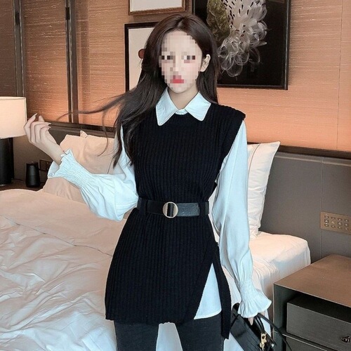 Women's Fashion Set: Knit V-neck Blouse and Pencil Cardigan Two-Piece Set with Belted Split Knit Cardigan and Bell Sleeve Blouse