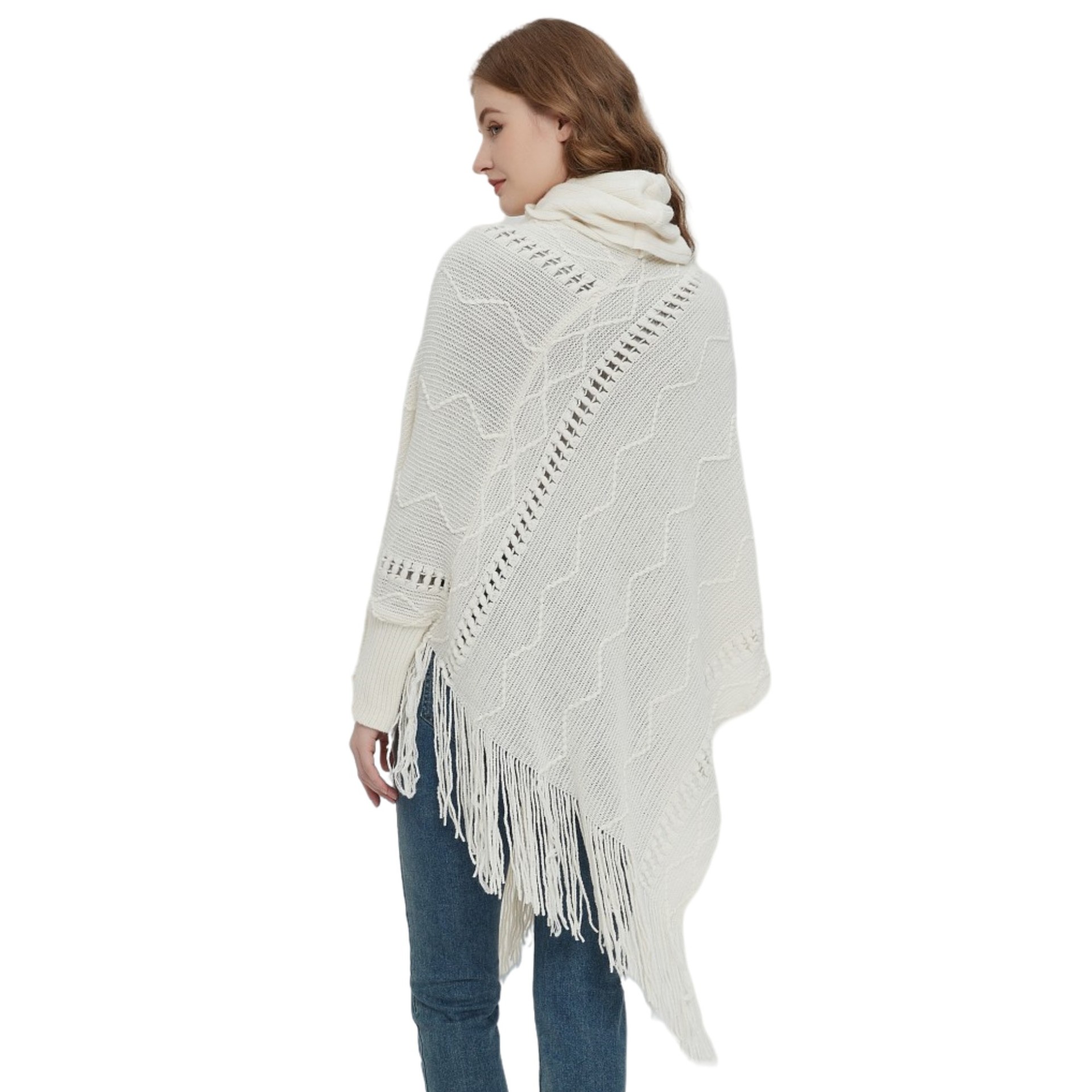 Unisex Coat beige white hollow collar long sleeves tassel cape cape_viptrois.com