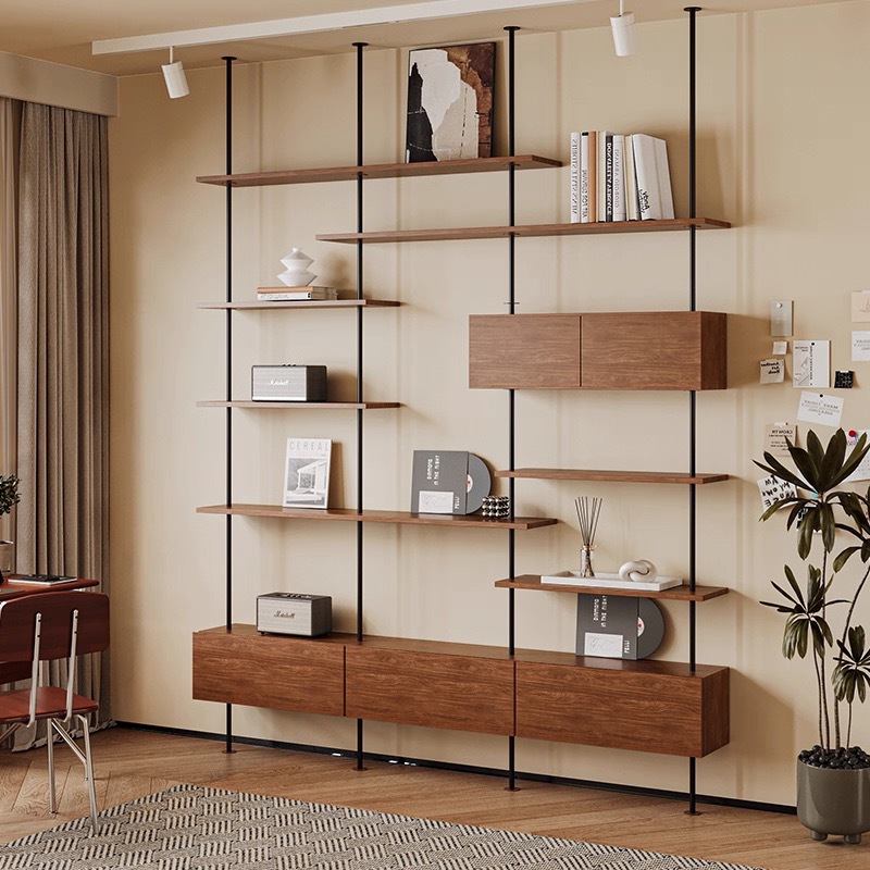 Italian Minimalist Bookshelf Living Room Multi-Layer Solid Wood Bookcase Integrated Display Storage Top-To-Bottom Partition Display Rack