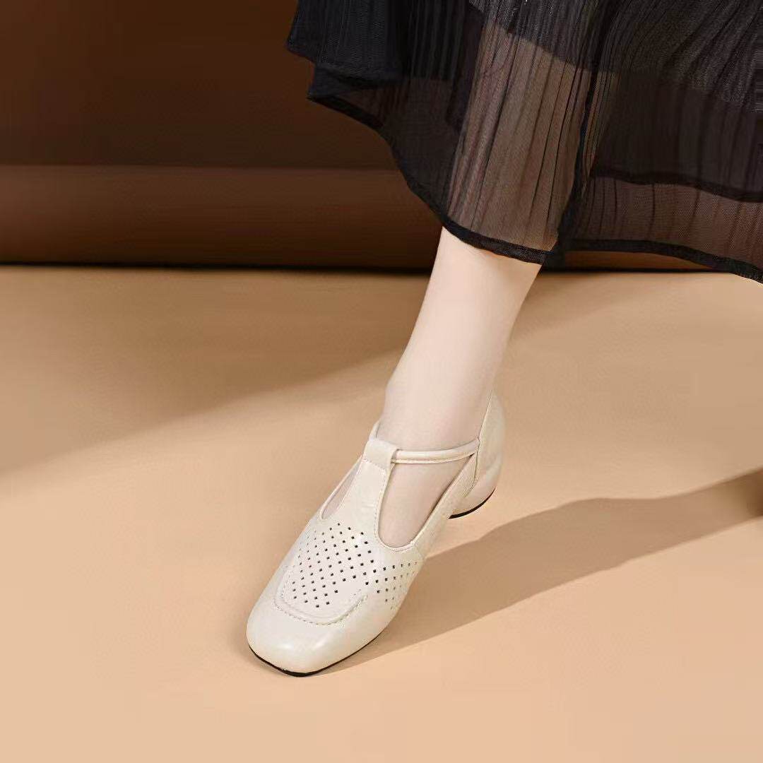Sandal nữ da thật mũi tròn hở mũi gót thấp 4 cm đế bệt êm chân — màu đen chi tiết 6