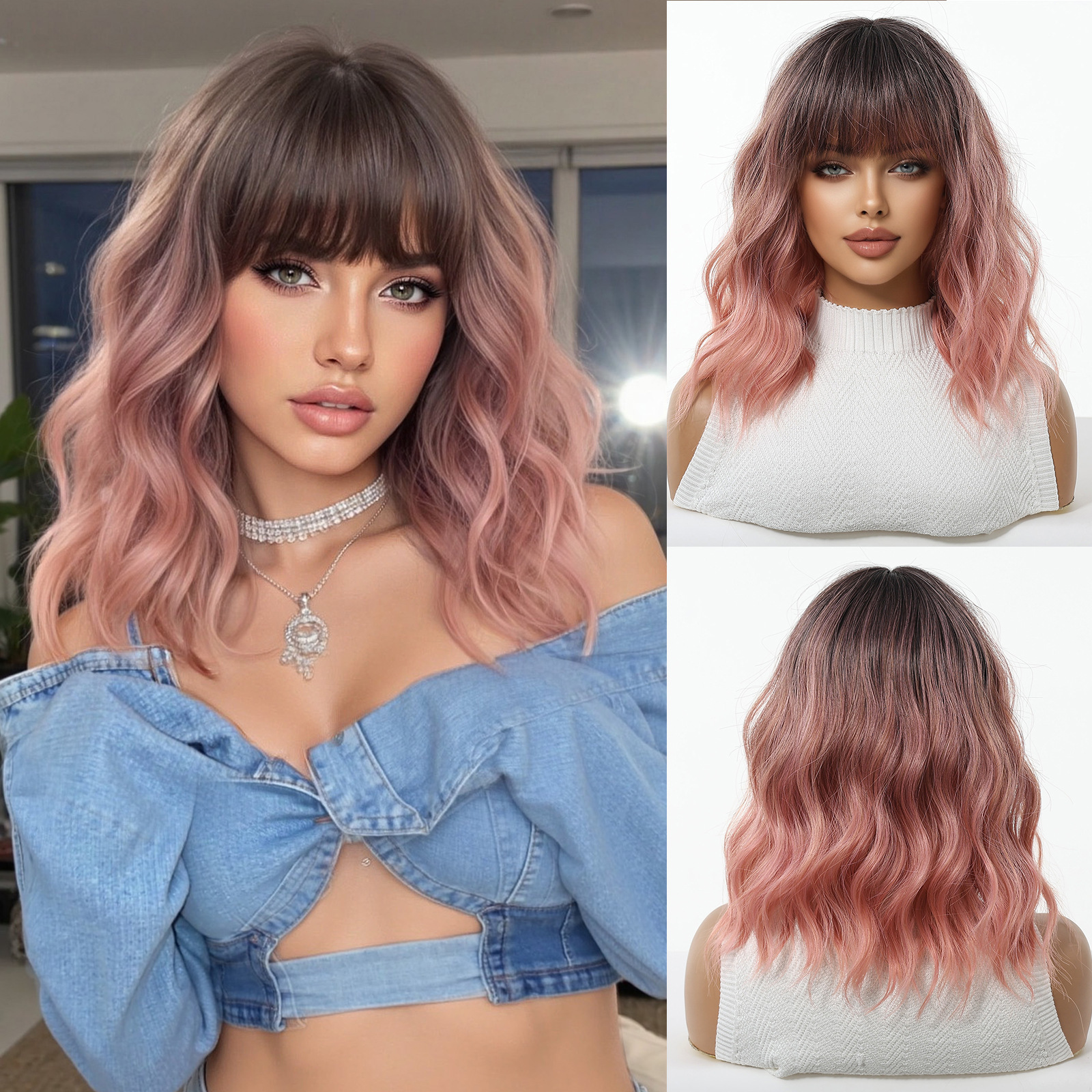 Red de Internet venta caliente peluca femenina lindo viento dorado Bobo cabeza rizada corta punto de fábrica seda mate de alta temperatura cabeza completa