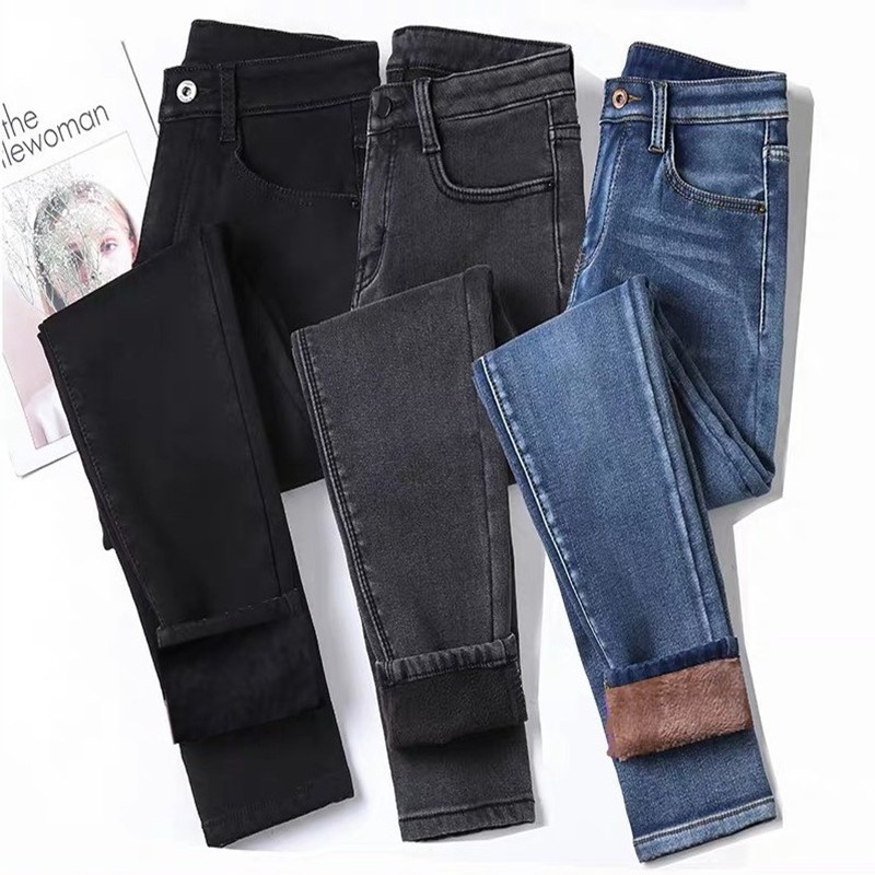 Women velvet jeans stretch high waist wi...