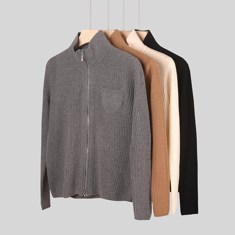 【High-End Old Money Style】100% Merino Wool Double Zipper Stand Collar Knitted Cardigan for Women, Slimming and Elegant Sweater, Spring 26