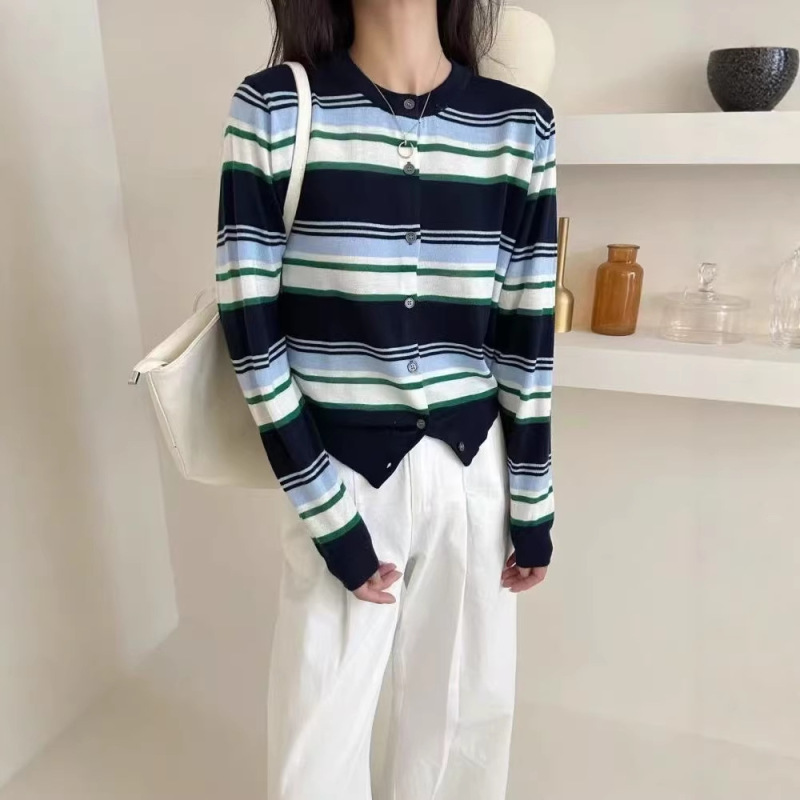 26 Color-Block Striped Long-Sleeve Fine Wool Knit Cardigan for Women, Autumn and Winter Loose Round-Neck Versatile Top, Fashionable and Versatile