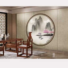 新中式18d手绘山水电视背景墙布8d水墨古典沙发大气影视墙纸壁画