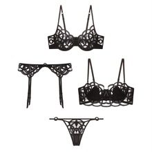 跨境热卖法式性感内衣女大胸显小聚拢薄款透气网纱刺绣文胸套装