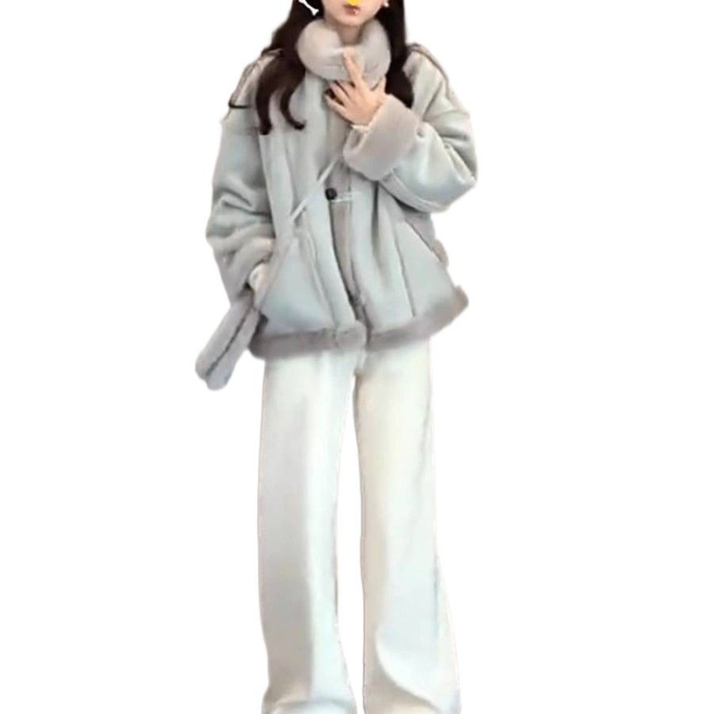 麂皮绒皮草外套女短款2025新款韩版宽松机车服加厚皮毛一体大衣冬|undefined
