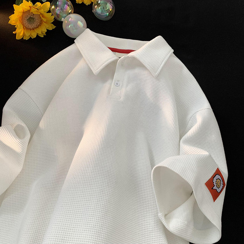 Heavyweight Waffle Short-Sleeve Men's Trendy Independent Brand Design-Focused Label POLO Shirt T-Shirt Loose Fit Versatile Half-Sleeve Top