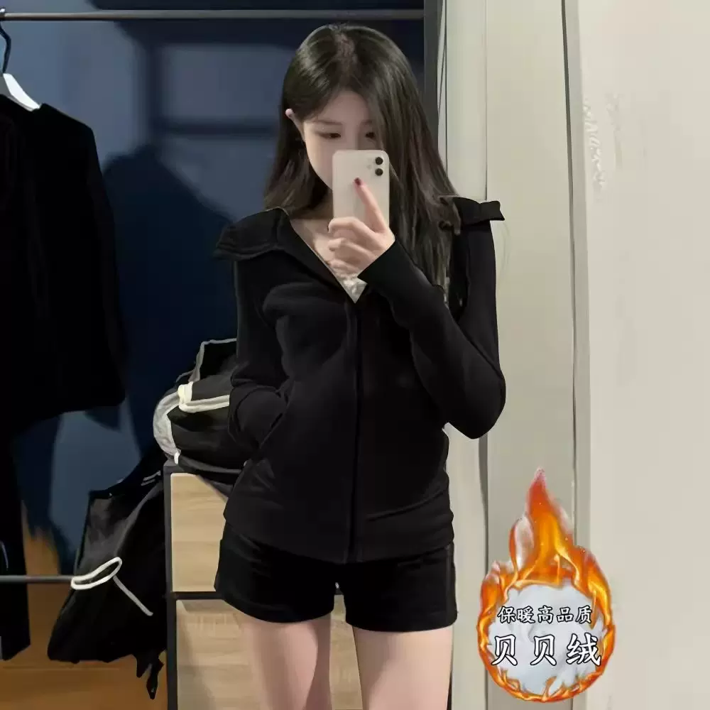 抖音质量曼巴棉修身收腰卫衣外套女2025秋冬加绒运动紧身连帽上衣