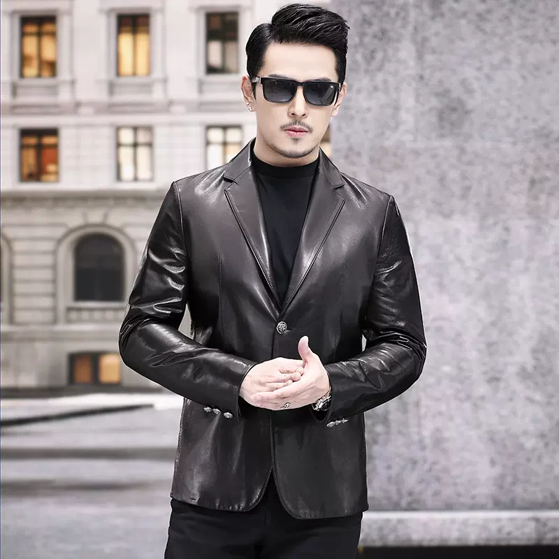 春季海宁真皮皮衣男山羊皮修身型皮西装韩版皮夹克西服外套薄款潮