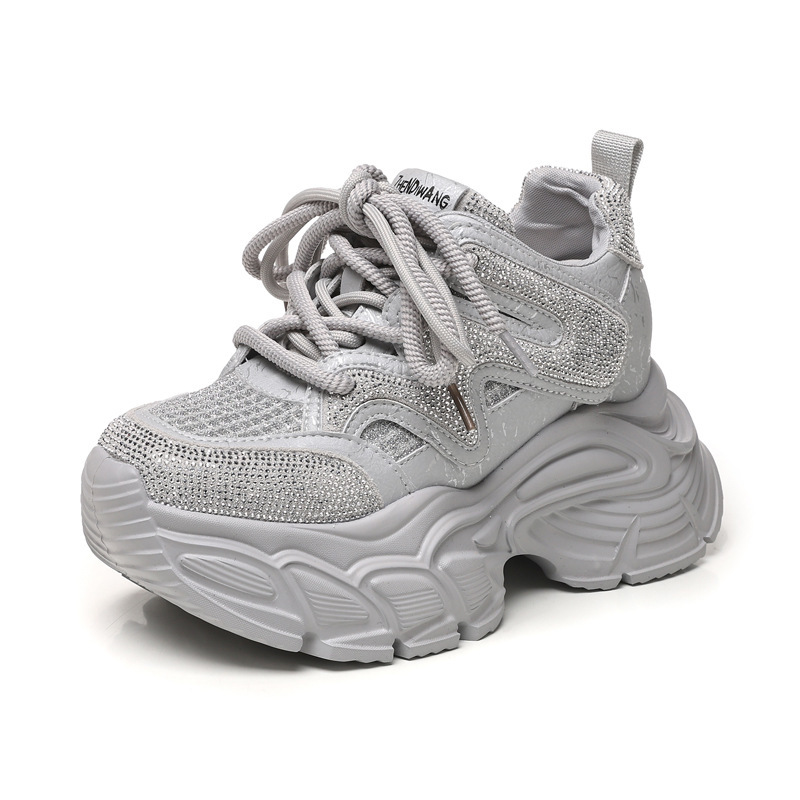Giày sneaker nữ đế dày tăng chiều cao phong cách thể thao đính đá rhinestone — màu trắng