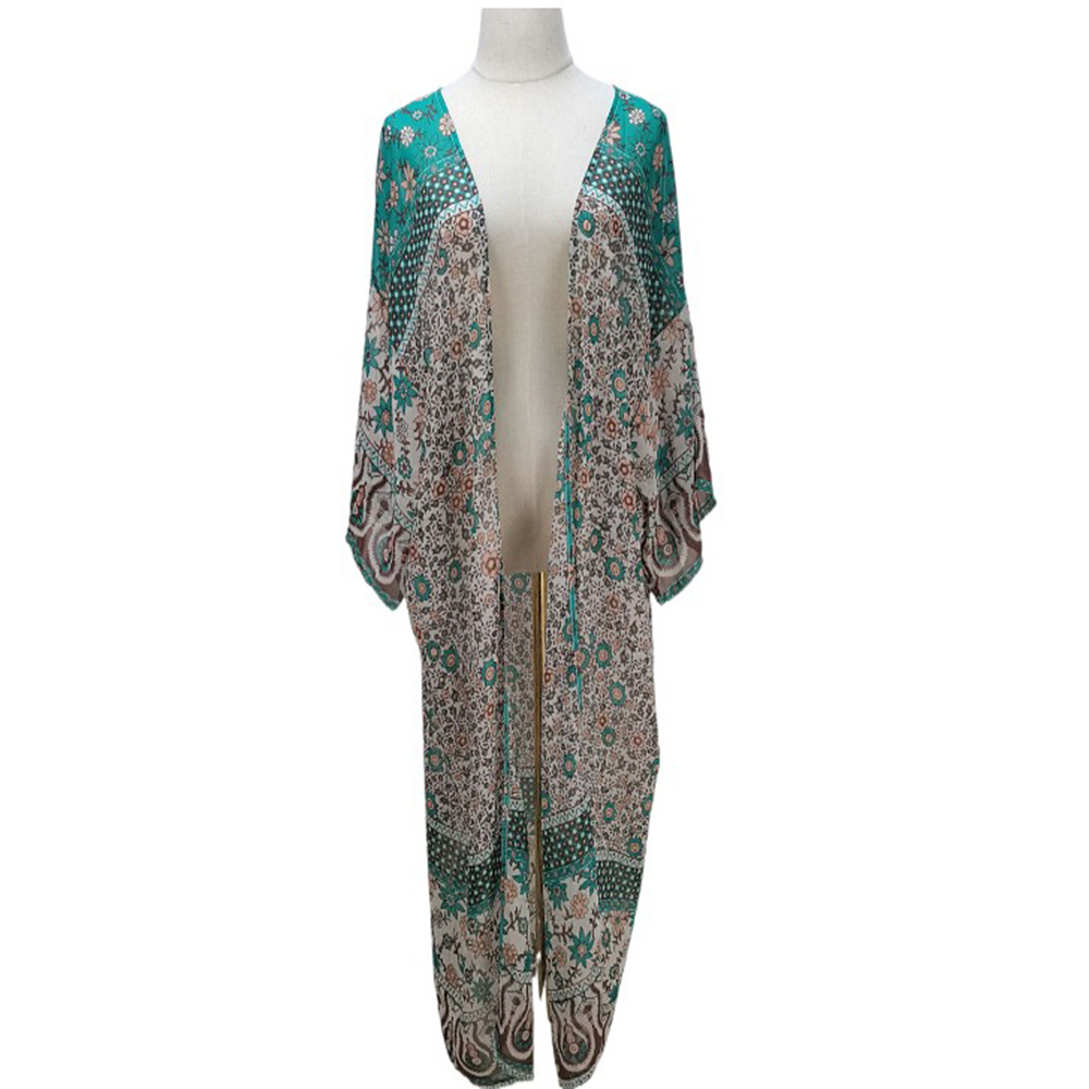 Blusa de la playa europea y americana chiffon impreso vacaciones cardigan playa falda bikini sol protección camisa traje de baño cubierta-up xf08