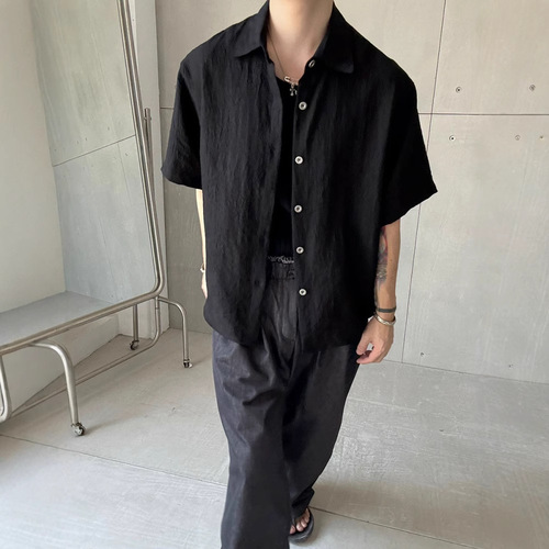 Textured vintage money style summer lazy style men's vacation casual loose short-sleeved shirt