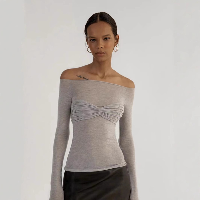 Special price transparent thin bottoming shirt Lisa with a shoulder fake two-piece folded pleated tube top sweater