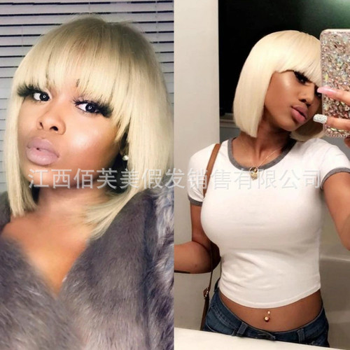 Manufacturer's wig for women European and American foreign trade light golden bobo short hair with bangs chemical fiber women's headgear African cross-border