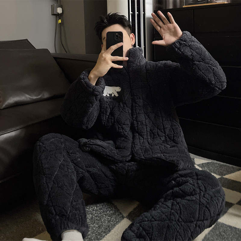 2024 otoño y invierno pijama de hombre coral de lana más lana gruesa chaqueta de algodón de transmisión en vivo manga larga conjunto de tres capas de algodón intercalado de calor