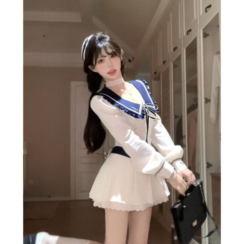Nautical Dreamer Spring/Summer Academy Style Slimming Design Long Sleeve Dress Sweet Navy Collar Short Dress Sweet Cool Girl Nautical Dreamer Spring/Summer Academy Style Slimming Design Long Sleeve Dress Sweet Navy Collar Short Dress Sweet Cool Girl
