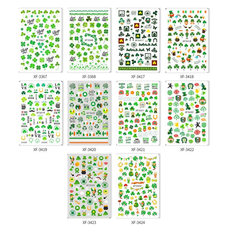 Transfronteriza nuevo trébol de la suerte trébol de cuatro hojas pegatinas de uñas traje irlandés pegatinas de uñas 10 piezas un conjunto