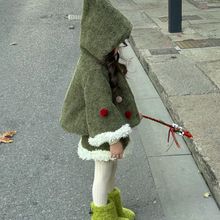 2024女童韩国童装新款秋冬绿色圣诞套装保暖棉外套可爱裙子圣诞树