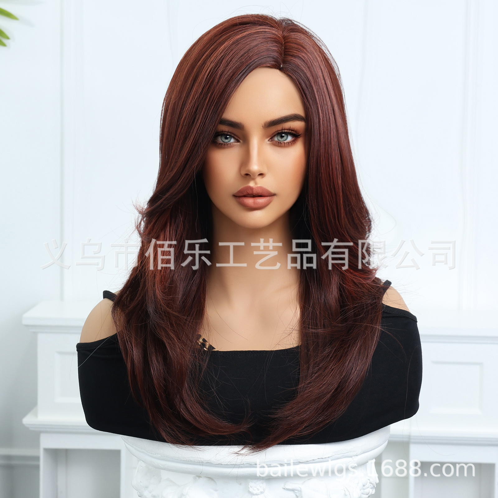 Peluca de color rojo oscuro dividida en longitud media, pelo largo, cubierta de cabeza completa, fibra química para mujer, stock europeo y americano al por mayor