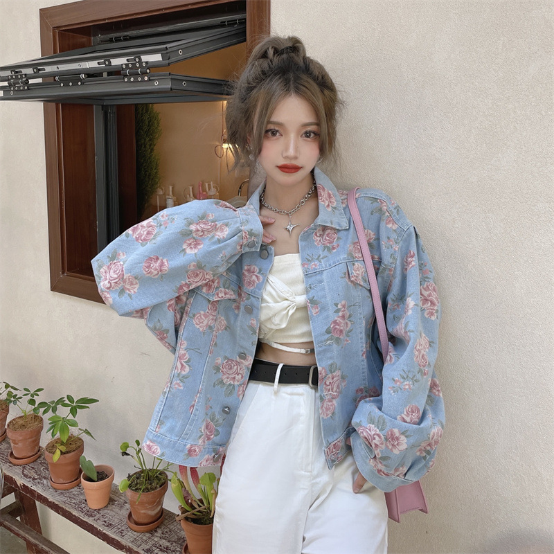 牛仔外套女年新款时尚短款百搭外衣设计感小众印花玫瑰花夹克|undefined