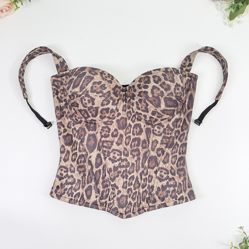 Leopard Print European and American Hot Girl Beautiful Back Suspender Long Tube Top Outer Wear Body Shaping Waist Support Charming Fishbone Bra