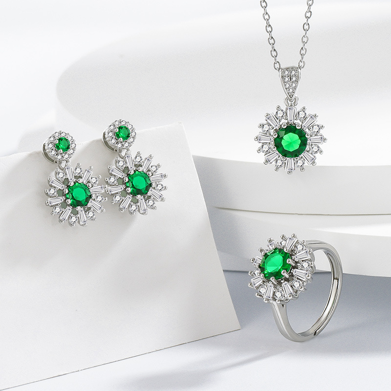 Conjunto de 3 piezas con piedras preciosas de colores de tendencia europea y americana - Accesorios de bisutería - Joyería de alta calidad - Collar, anillo y pendientes de botón verdes - Venta al por mayor para mujer