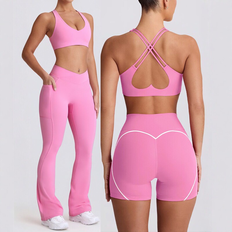 European and American Style High-Waisted Yoga Outfit for Women, Sports Bra, Flared Pants, Quick-Dry Slimming Shorts Two-Piece Set