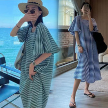棉麻方领格子连衣裙女2023夏季新款宽松复古洋气过膝泡泡袖长裙
