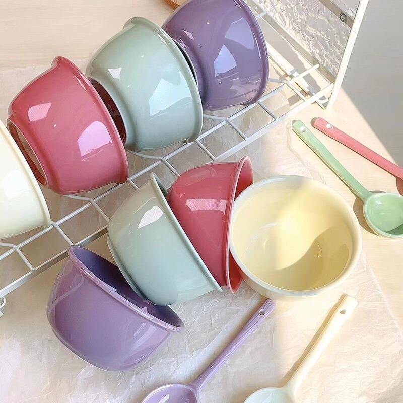 Internet Celebrant Household High Color Value Rice Bowl Colorful Macaron Tableware Rice Bowl Color Glaze Ceramic Bowl Spoon Available for suit