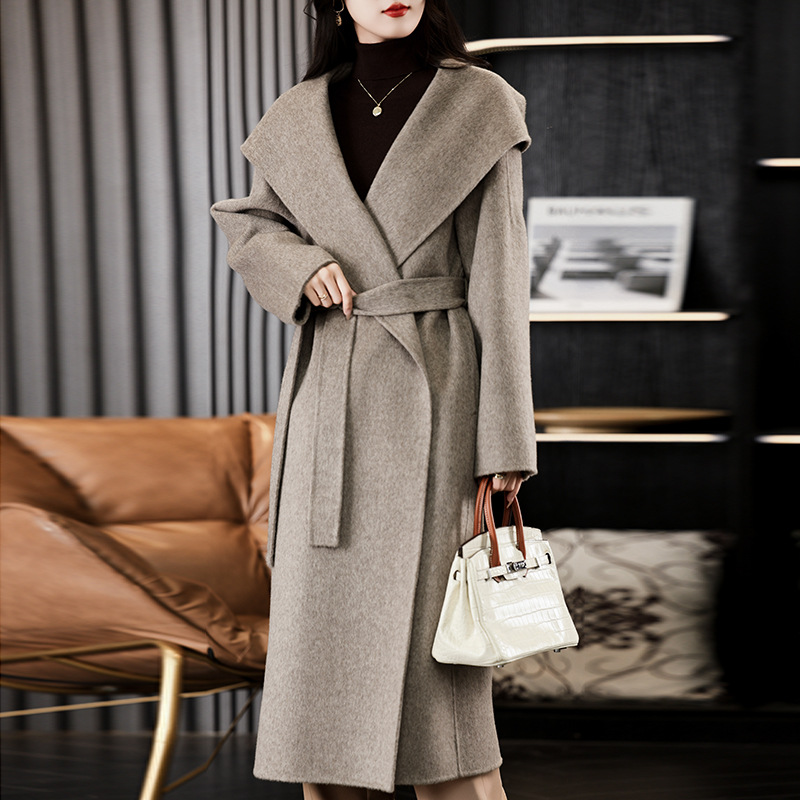 New Large Lapel Pure Wool Double-Sided Woolen Outwear Women's Hooded Elegant Casual Loose Long-Sleeved Warm Lace-Up Jacket