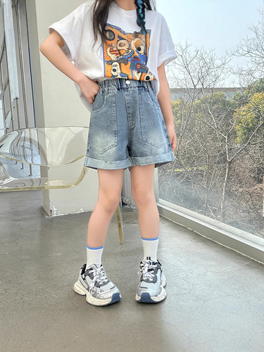Short denim jeans for girls, new loose trendy children's summer turn-up shorts